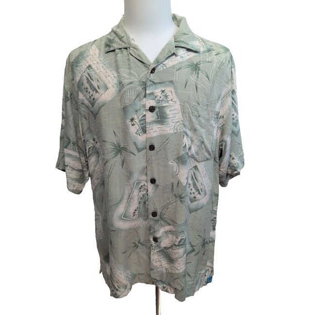 Chemise hawaïenne Bermuda Bay taille XL vert pâle palmiers 100% soie Mch courtes