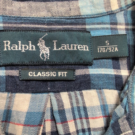 Chemise Ralph Lauren S Classic Fit 100% Lin Bleue Carreaux Manches Courtes