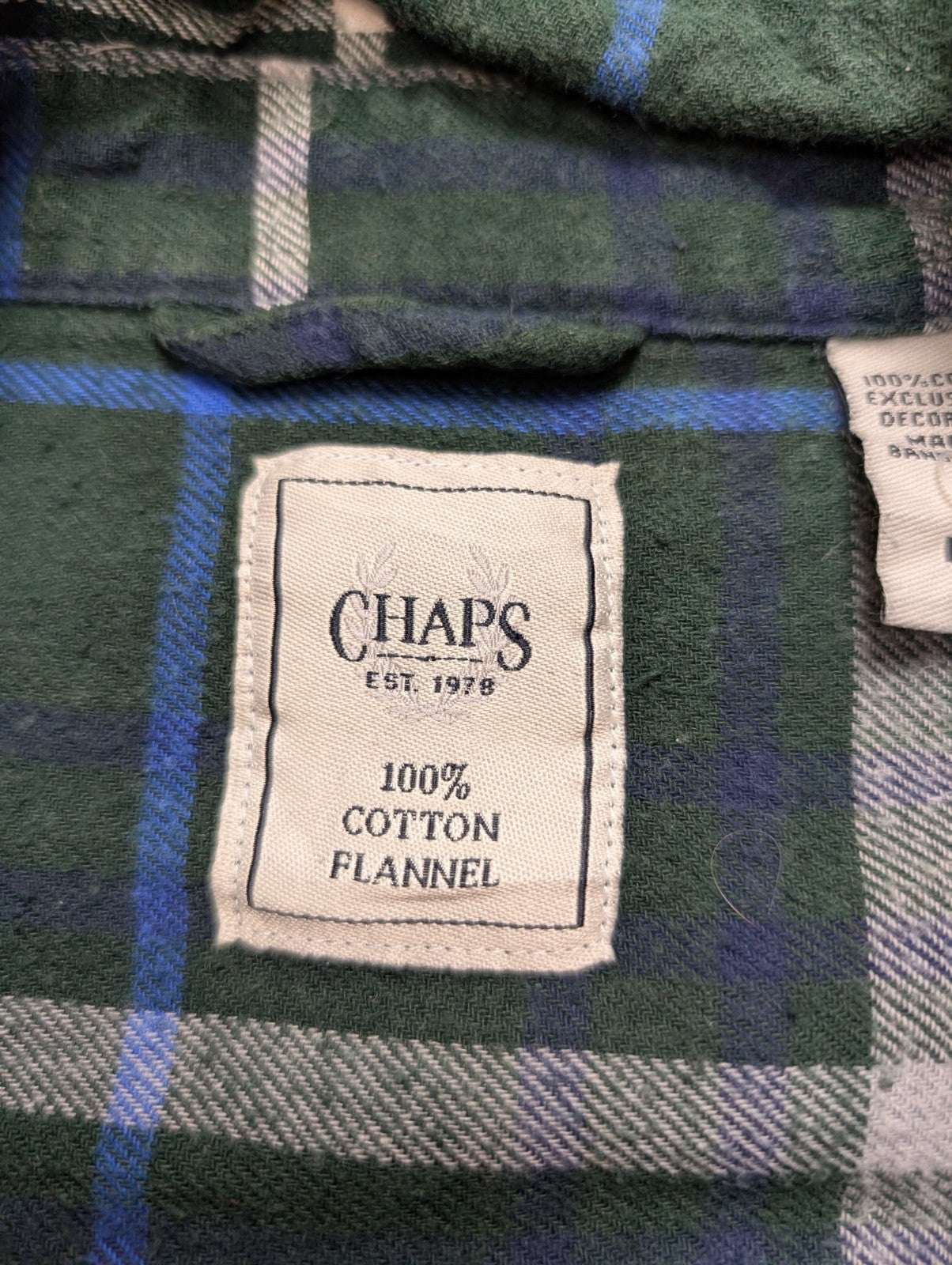 CHAPS Flanelle Vert Bleu Blanc L Logo Brodé EE VINTAGE 100% Coton | 312S