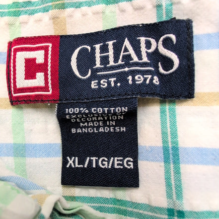 Chemise Manches Courtes Chaps 100% Coton Carreaux Gauffrés Vert Taille XL Poche
