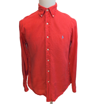 Chemise Ralph Lauren Classic Fit S Rouge 100% Lin QR Code Logo Bleu