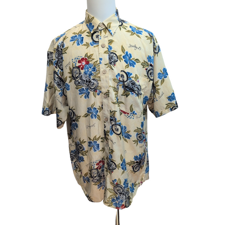 Chemise Hawaïenne East Island Surf XL Jaune Moto Feuillage Boutons Bois