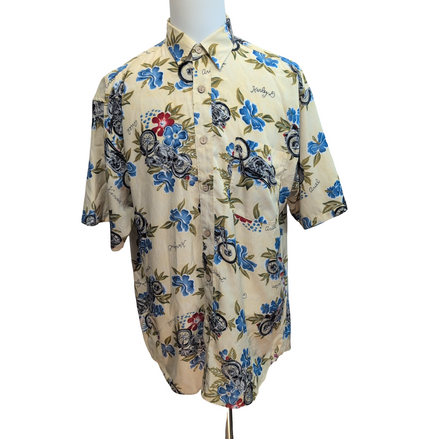 Chemise Hawaïenne East Island Surf XL Jaune Moto Feuillage Boutons Bois