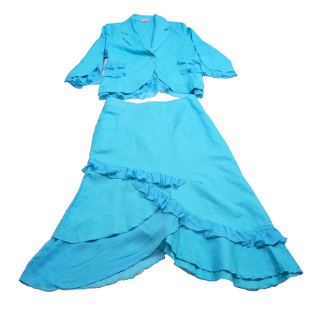 Ensemble Femme T40 Miss-Lisa Bleu Ciel 100% Lin Jupe Veste Neuf 