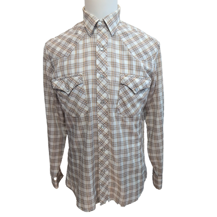 Chemise Western Round Made in USA M Marron Carreaux Pressions Vintage