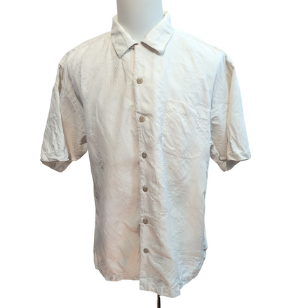 Chemise Hawaïenne Tommy Bahama XL 100% Soie Blanche Palmiers Boutons Bois