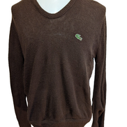 Pull Vintage IZOD Lacoste M marron col V 100% Orlon Logo crocodile brodé