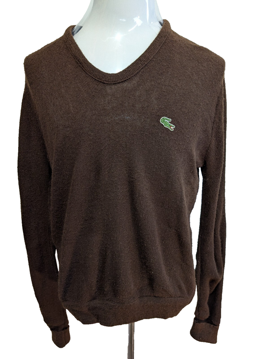 Pull Vintage IZOD Lacoste M marron col V 100% Orlon Logo crocodile brodé