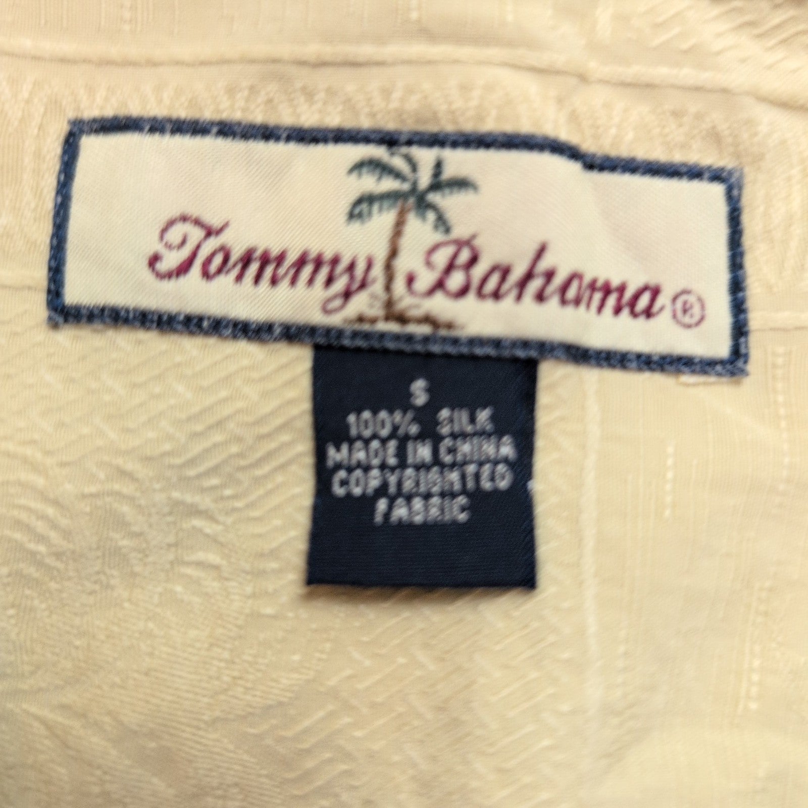 Chemise Hawaïenne Tommy Bahama S 100% Soie Jaune Pâle Palmier manches courtes