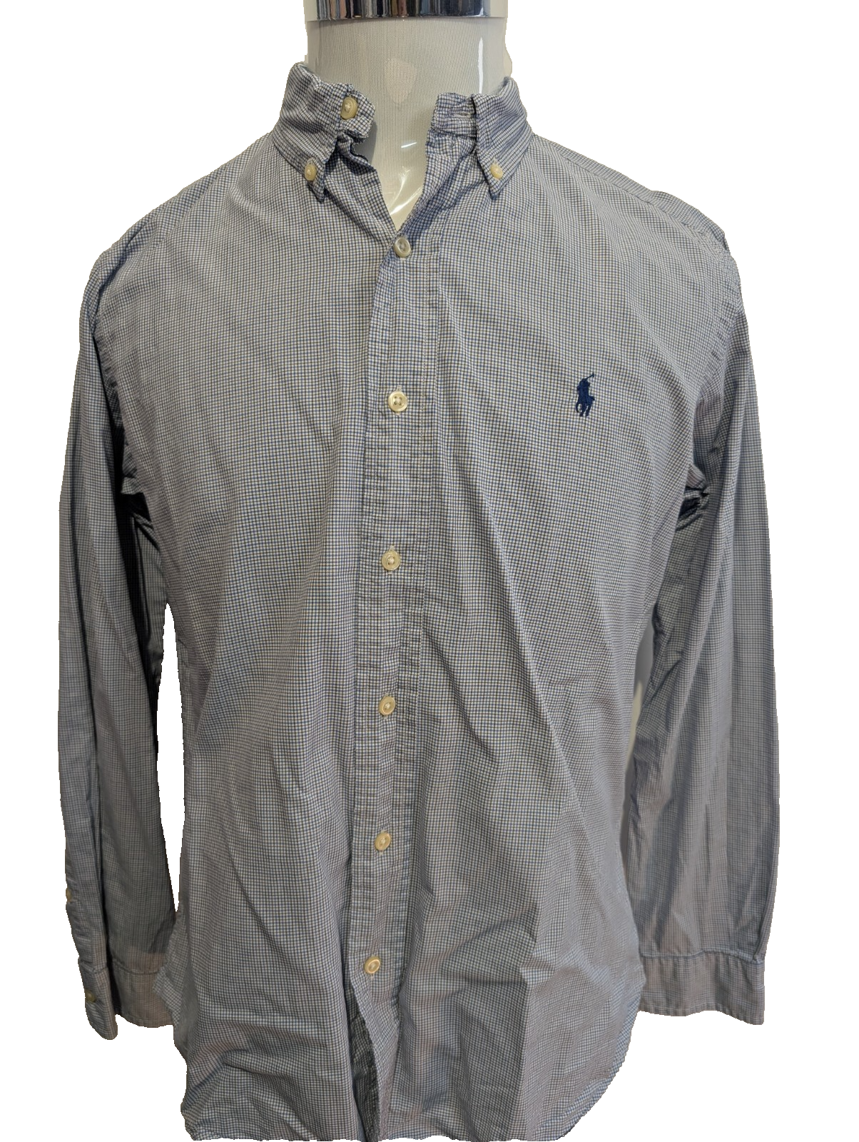 Chemise Polo Ralph Lauren Shirt S Custom Fit Micro-Carreaux Bleu Blanc Button Do
