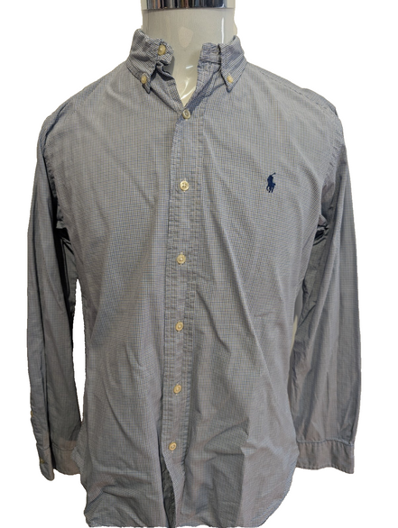 Chemise Polo Ralph Lauren Shirt S Custom Fit Micro-Carreaux Bleu Blanc Button Do