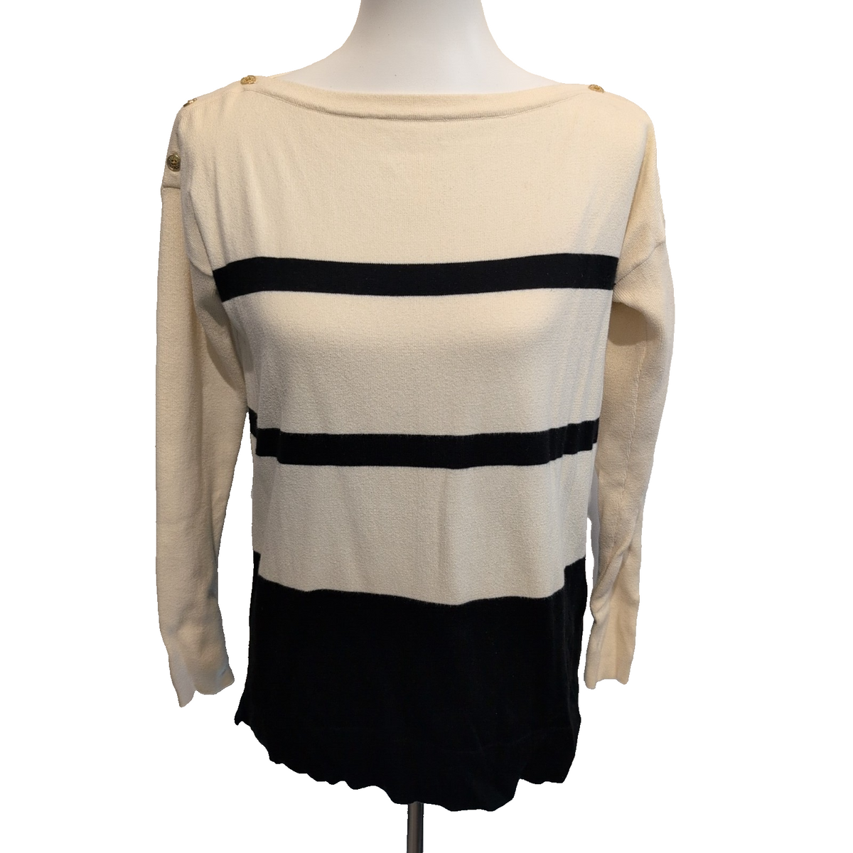 Pull Lauren Ralph Lauren S femme noir crème fin coton nylon logo brodé