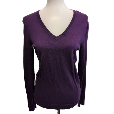 Pull Tommy Hilfiger Femme S Violet Aubergine Coton Pima Col V