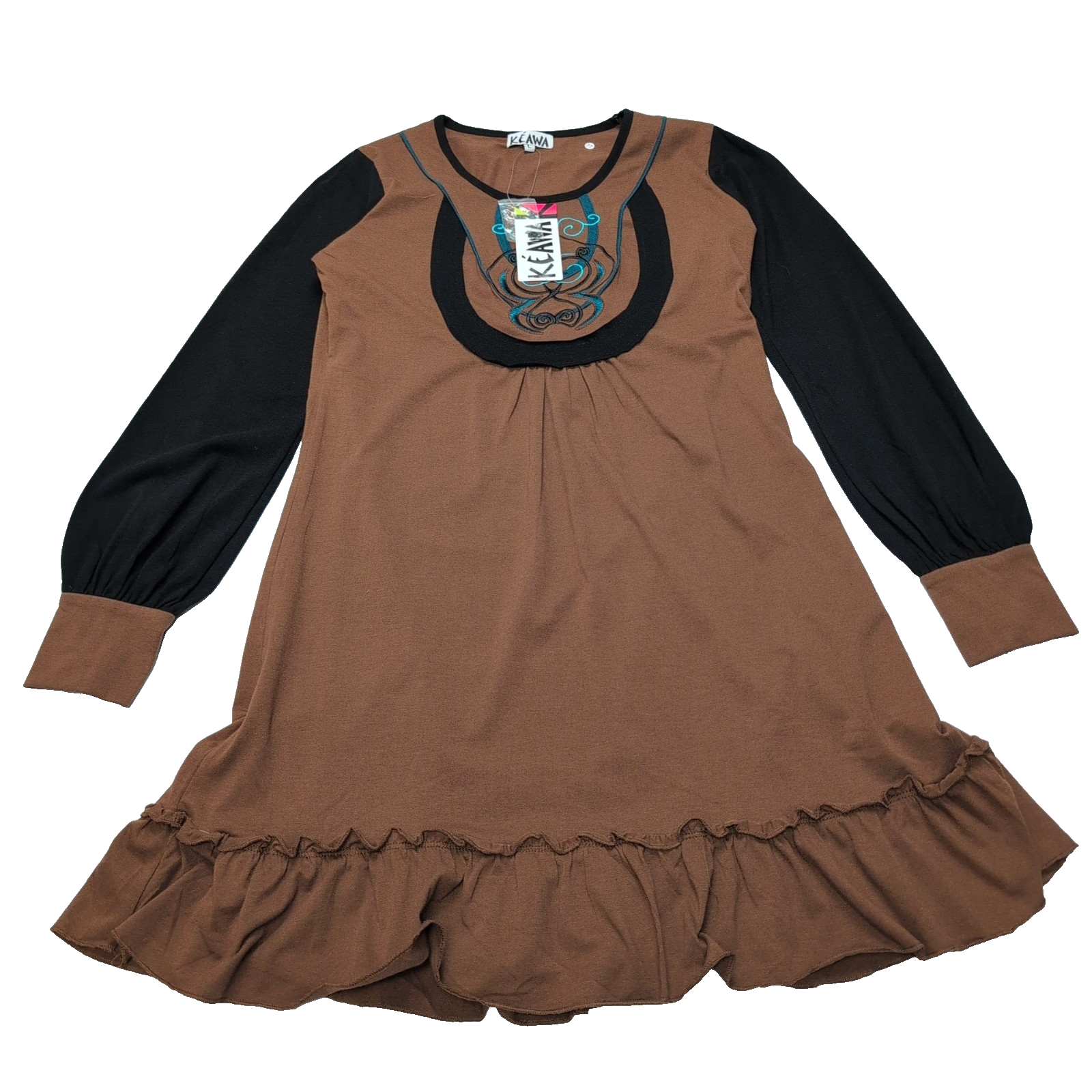 Robe Kéawa L Marron Chocolat Noir Manches Longues Brodée Neuve Étiquette