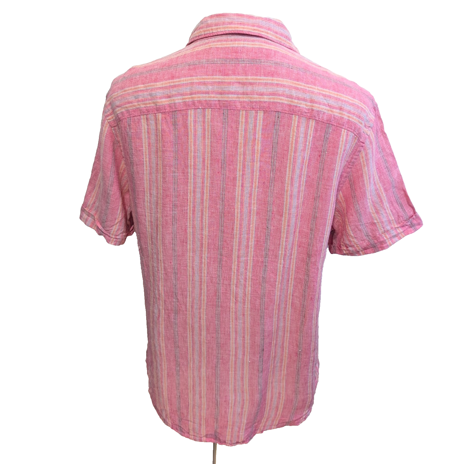 Chemise Perry Ellis 100% Lin Rose Rayures Manches Courtes Taille L