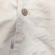 Chemise Hawaïenne Tommy Bahama XL 100% Soie Blanche Palmiers Boutons Bois