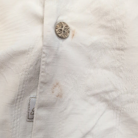 Chemise Hawaïenne Tommy Bahama XL 100% Soie Blanche Palmiers Boutons Bois