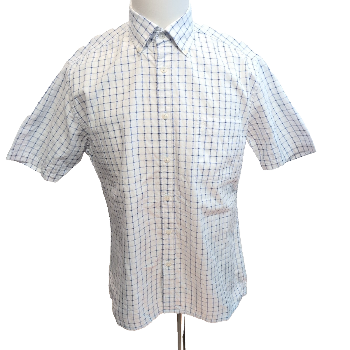 Chemise YVES SAINT LAURENT M Blanche Carreaux Bleus Gaufrés 100% Coton
