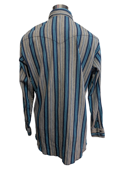 CHEMISE WRANGLER WESTERN M/L Coton Épais Rayures Bleues Poche Stylo