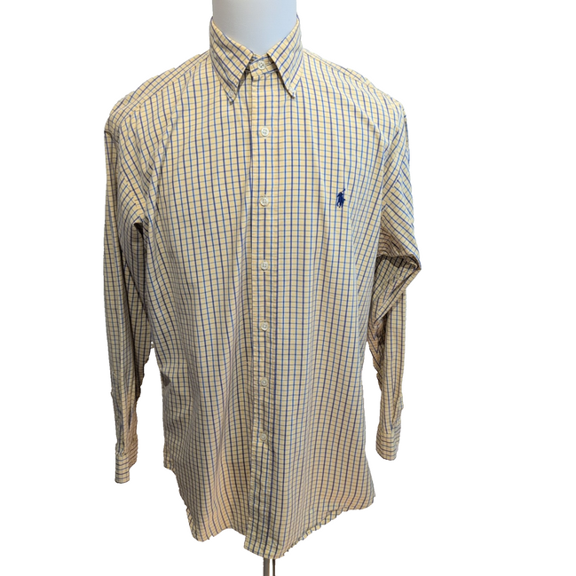 Chemise Ralph Lauren Blake M Jaune Carreaux Bleu Coton Logo Bleu Marine