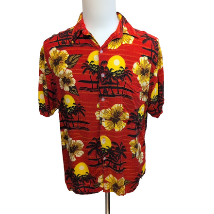 Chemise Hawaïenne Sun Fusion Taille M Rouge Palmiers Fleurs Viscose Mch courtes