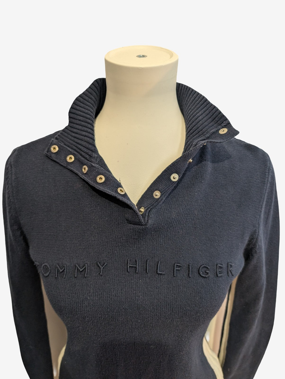 Pull Tommy Hilfiger Femme Rare Col Montant à Pressions - Marine & Blanc M