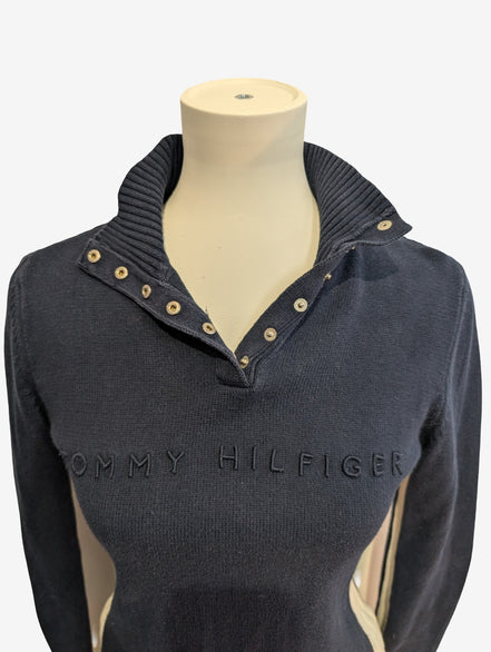 Pull Tommy Hilfiger Femme Rare Col Montant à Pressions - Marine & Blanc M