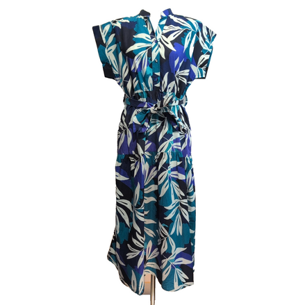 Robe Longue LUK AP T.XL Bleu Feuillage 100% Coton Ceinture Neuve Été Bohème