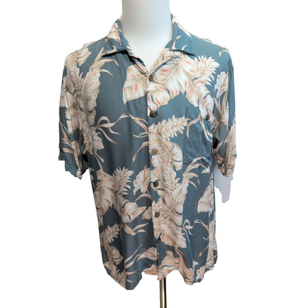 Chemise Hawaïenne LUAU Soie Beige Motif Tropical Taille M Manches courtes