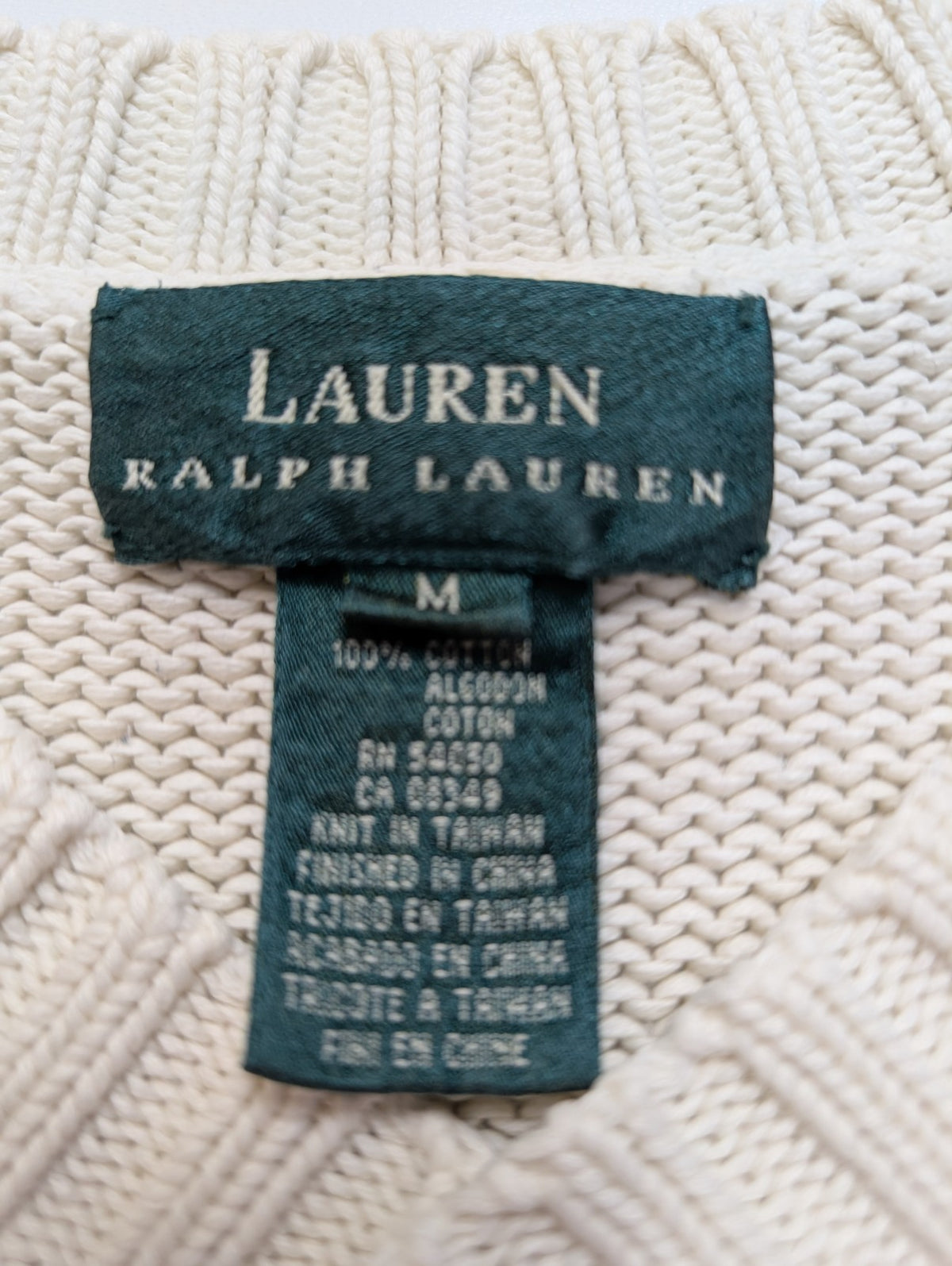 Pull Lauren Ralph Lauren femme M blanc cassé col V écusson brodé coton