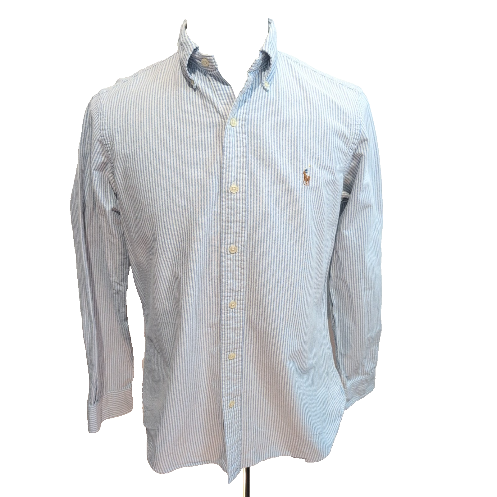 Chemise Ralph Lauren S Oxford Bleu Rayures Logo Marron Coton Poche Classique