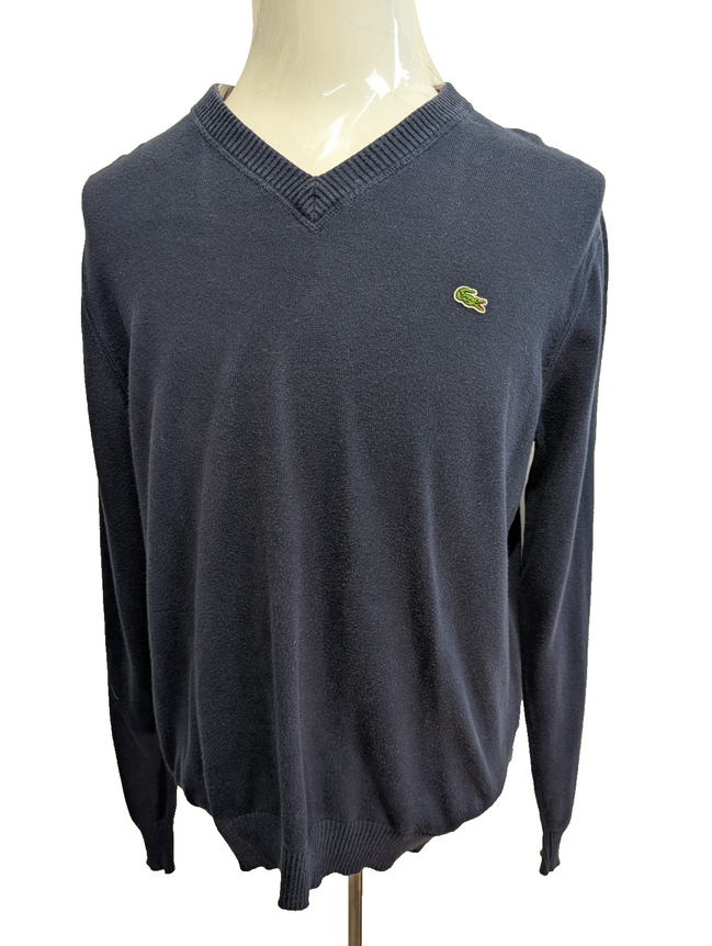 Pull Lacoste Taille 5 (L) bleu marine col V 100% coton crocodile brodé