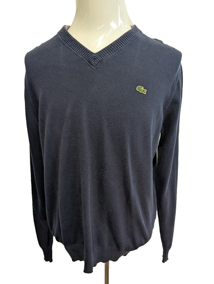 Pull Lacoste Taille 5 (L) bleu marine col V 100% coton crocodile brodé