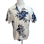 Chemise Hawaïenne Palmwave Fleurie Bleu Marine Blanc 100% Coton L manches courte