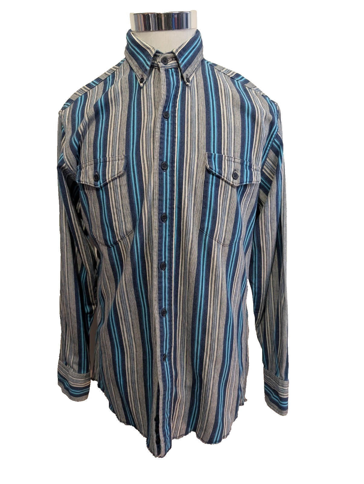 CHEMISE WRANGLER WESTERN M/L Coton Épais Rayures Bleues Poche Stylo