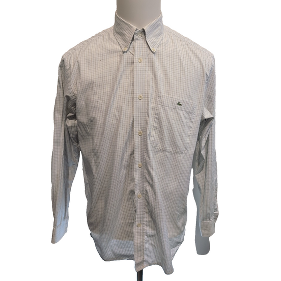 Chemise Lacoste M 40 Blanche Carreaux Bleus Vintage Logo Brodé Coton