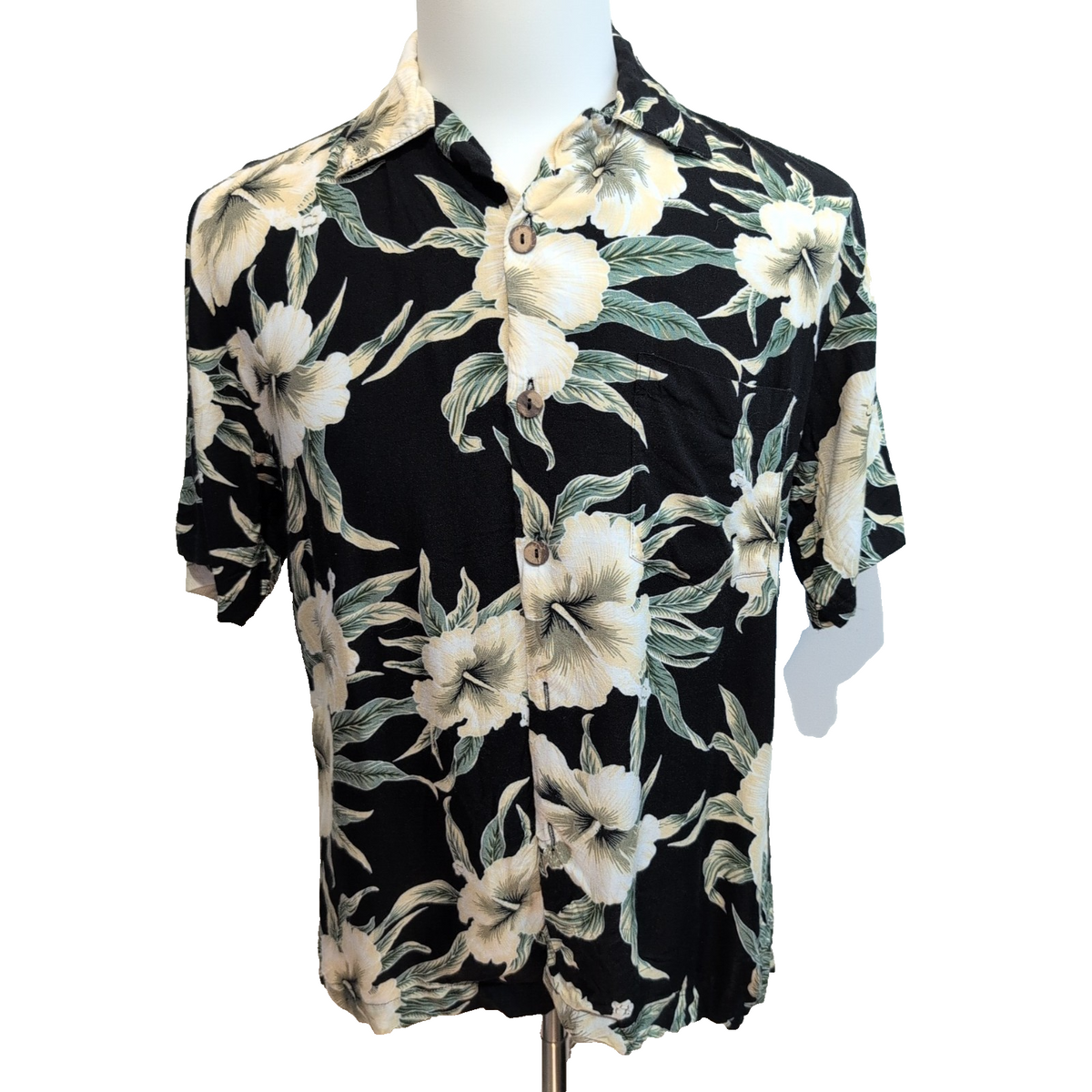 Chemise hawaïenne Sunny Island M noire fleurie 100% rayonne Hawaï
