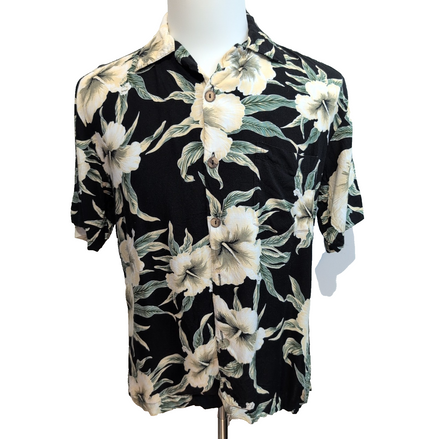 Chemise hawaïenne Sunny Island M noire fleurie 100% rayonne Hawaï