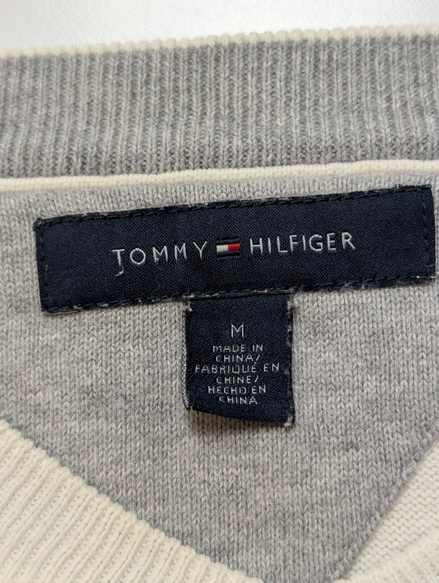 Pull Tommy Hilfiger Homme Blanc Cassé Rayures Grises Col V - Taille M