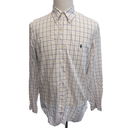 Chemise Ralph Lauren blanche à carreaux bleue logo bleu marine coton taille L bd