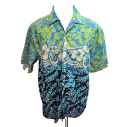 Chemise Hawaïenne OTB M Lin Coton Bleu Vert Blanc Fleurs Feuilles