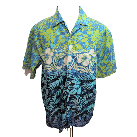 Chemise Hawaïenne OTB M Lin Coton Bleu Vert Blanc Fleurs Feuilles