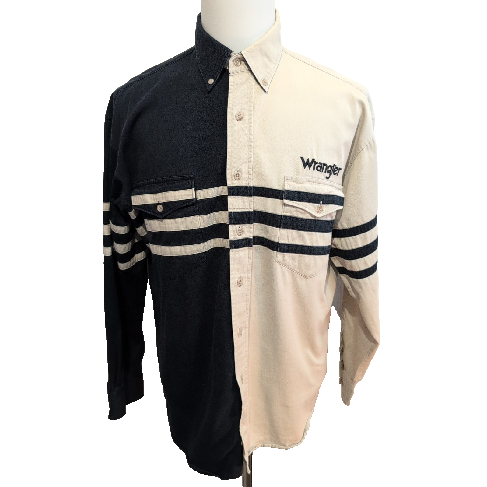Chemise Wrangler Western Rare Broderie Manches Longues Bleu Marine et Crème T.XL