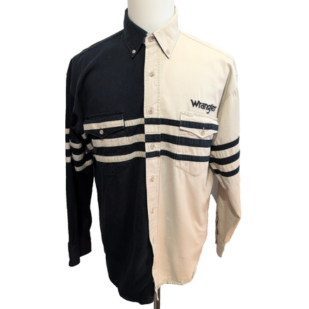 Chemise Wrangler Western Rare Broderie Manches Longues Bleu Marine et Crème T.XL