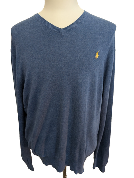 Pull Polo Ralph Lauren Bleu Logo Jaune - 100% Coton Pima - Taille L