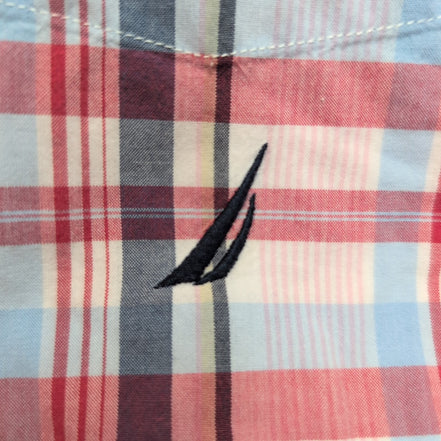Chemise Nautica M Rouge Bleu Carreaux Manches longues Coton Logo Brodé Poche