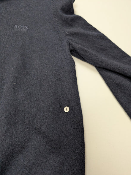 Pull Hugo Boss Femme Taille L Bleu Marine 100% Laine Mérinos Col Boutonné