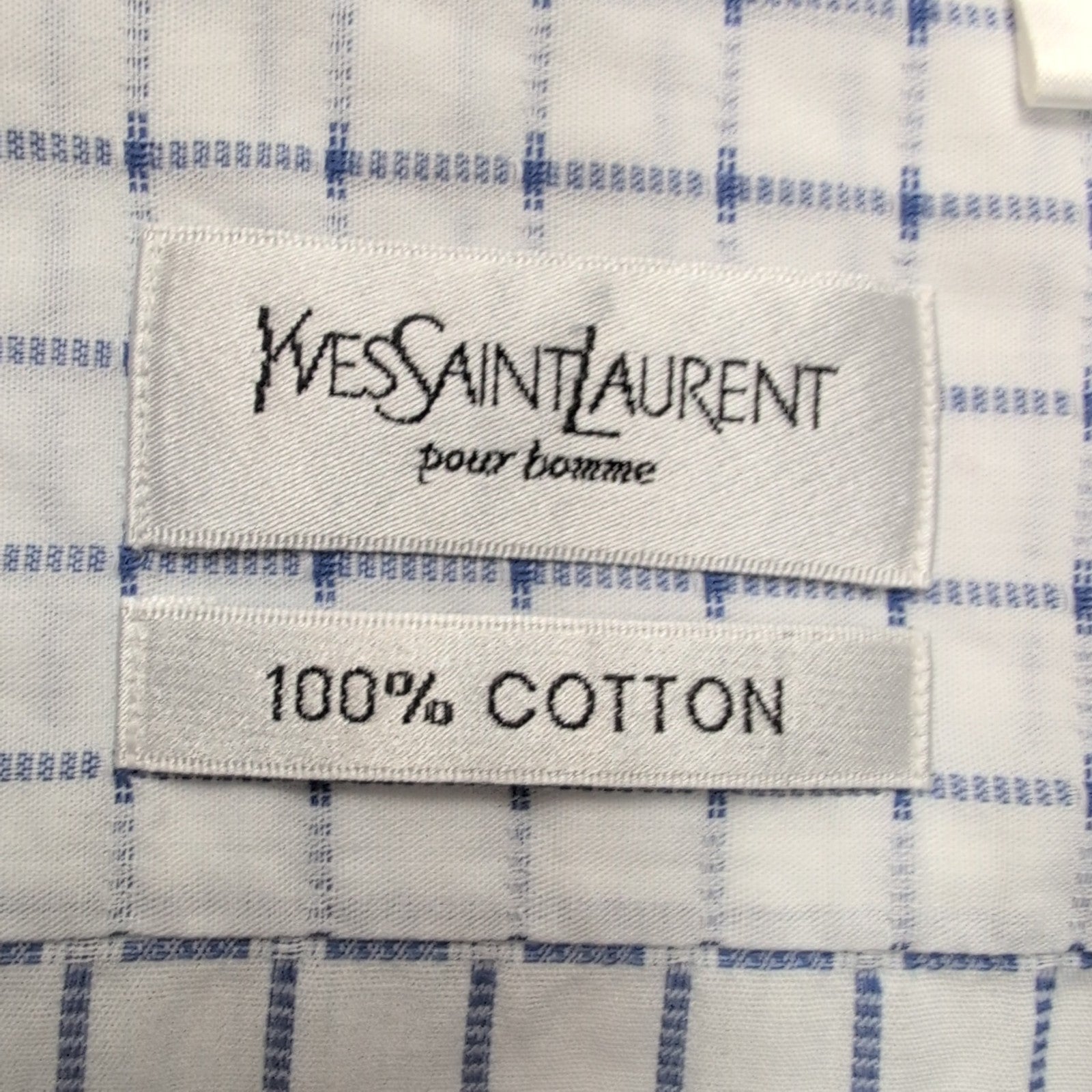 Chemise YVES SAINT LAURENT M Blanche Carreaux Bleus Gaufrés 100% Coton