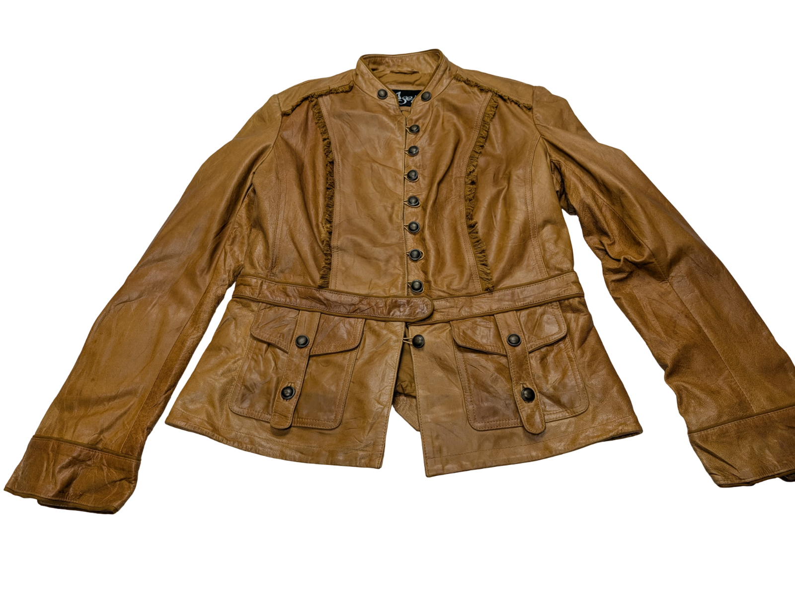 Veste cuir marron clair Sei avec franges femme taille XL #29c