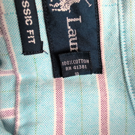 Chemise Ralph Lauren à rayures turquoise logo marron classic fit taille L / XL
